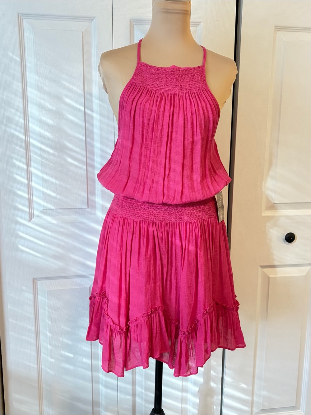 Alice Simon Hot Pink Smocked Waist mini dress halter neck NWT size medium